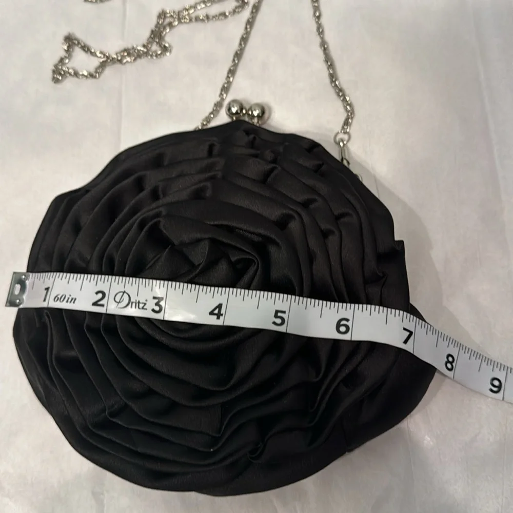 Black satin rosette purse with removable silver chain